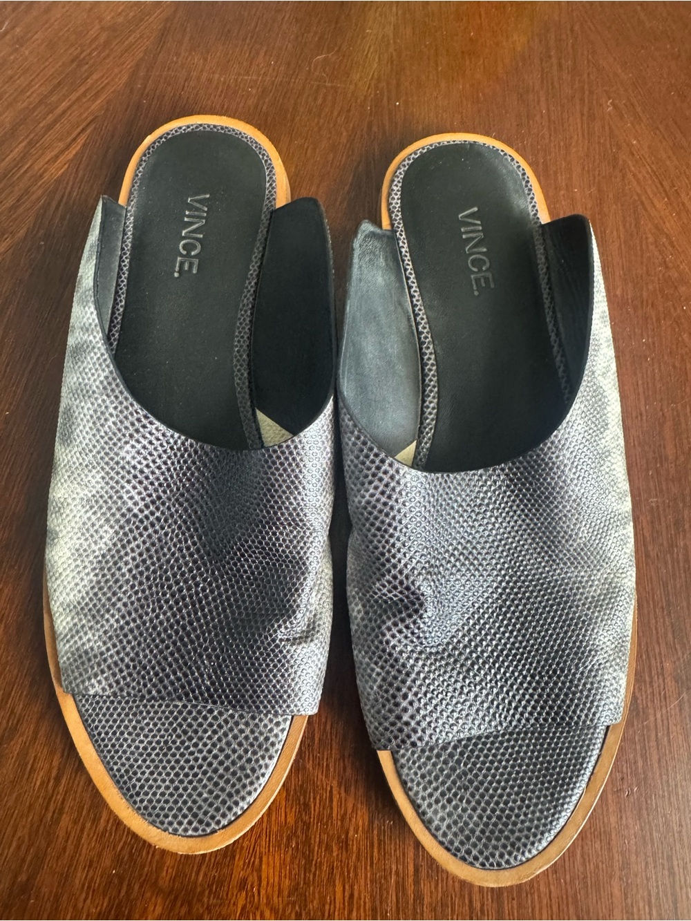 Vince Lynnis Lizard-Effect Metallic Slate Gray Slide Mules Women’s 8